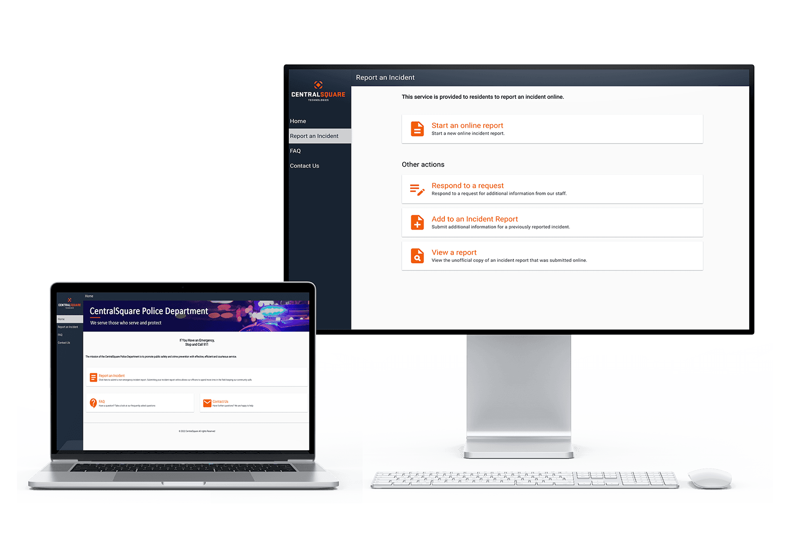 A laptop and desktop mockup of the Citizen Reporting dashboard.